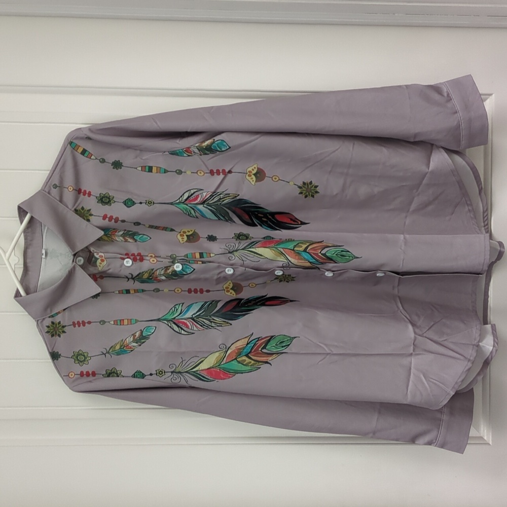 Colorful Feather Print Women's Button-Up Shirt - Picture 2 of 5